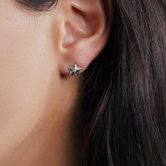 925 Sterling Silver Rhodium Plated Diamond Star Stud Earrings