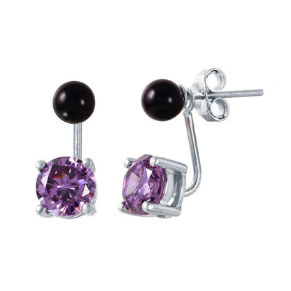 925 Sterling Silver Rhodium Plated Birthstone Black Synthetic Pearl Purple CZ Front and Back Earrings