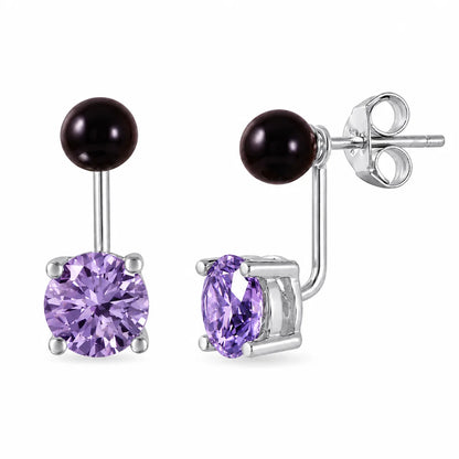 925 Sterling Silver Rhodium Plated Faux Pearl & Birthstone CZ Front and Back Earring Jacket