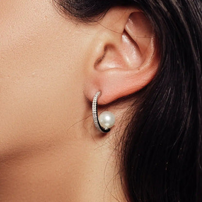 925 Sterling Silver Rhodium Plated C-Curved Pearl CZ Stud Earrings
