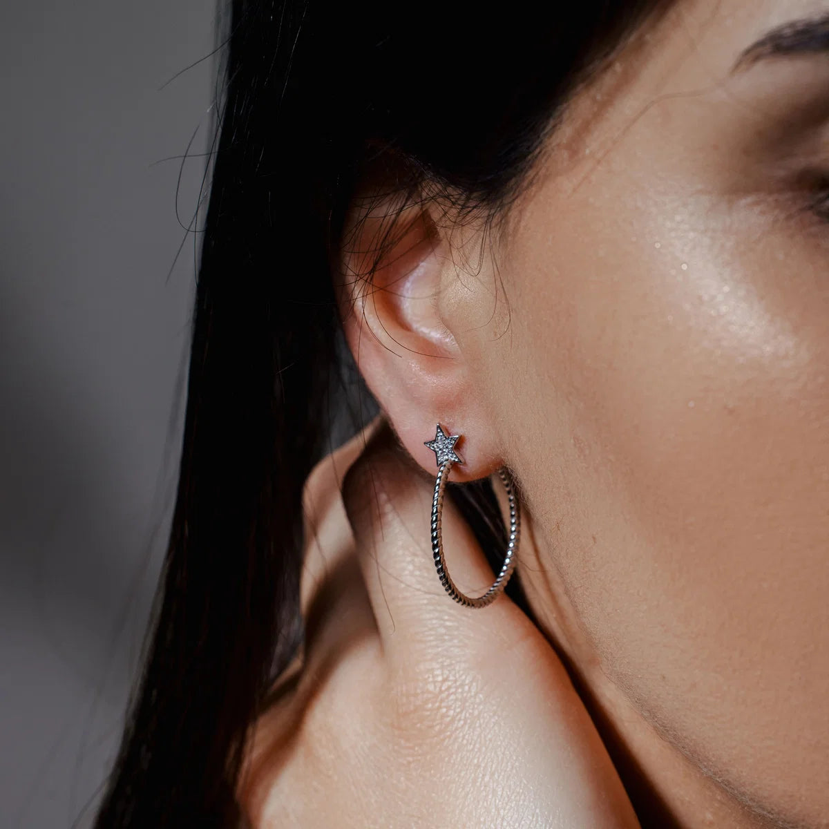 925 Silver Rhodium Plated Rope Designed Semi Hoop Earrings on a CZ Star
