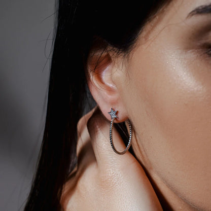 925 Silver Rhodium Plated Rope Designed Semi Hoop Earrings on a CZ Star