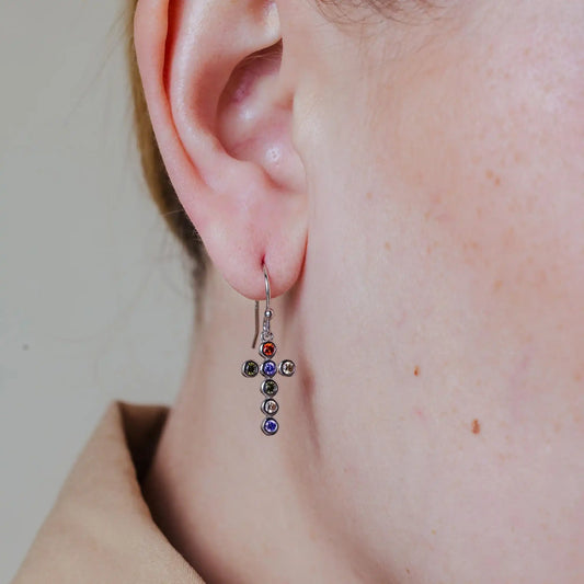 925 Sterling Silver Rhodium Plated Multi-Colored CZ Cross Earrings