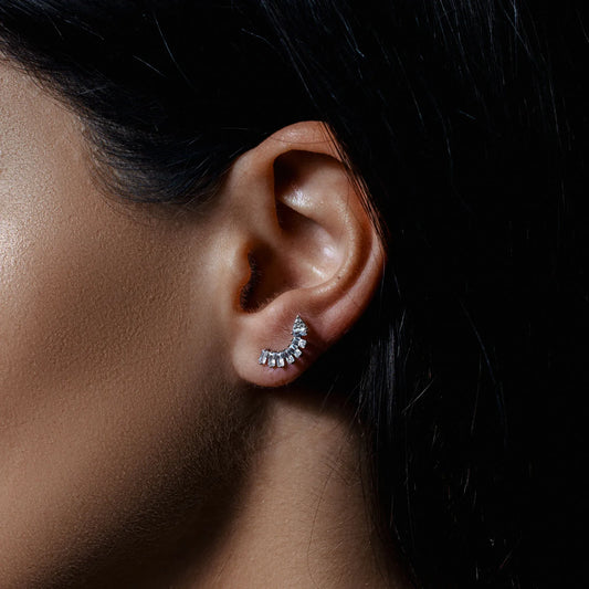 925 Sterling Silver Rhodium Plated Baguette CZ Dangling Crescent Earrings
