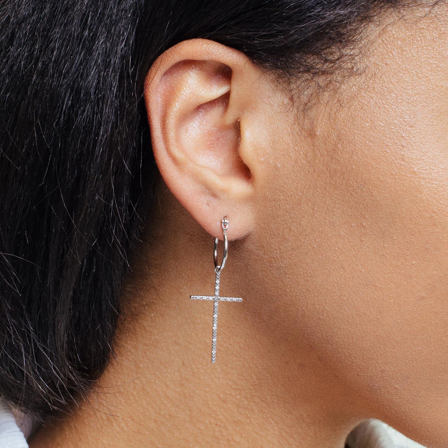 925 Sterling Silver Rhodium Plated Cross CZ Dangling hoop Earring