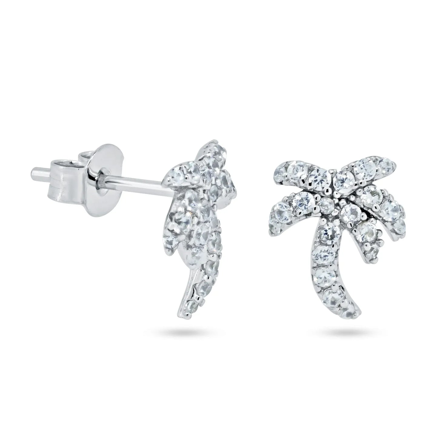 925 Sterling Silver Rhodium Plated Palm Tree CZ Stud Earrings