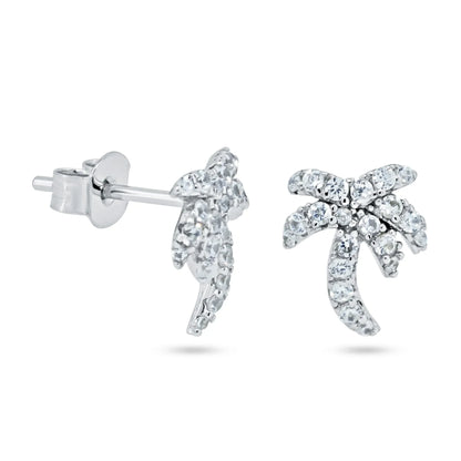 925 Sterling Silver Rhodium Plated Palm Tree CZ Stud Earrings
