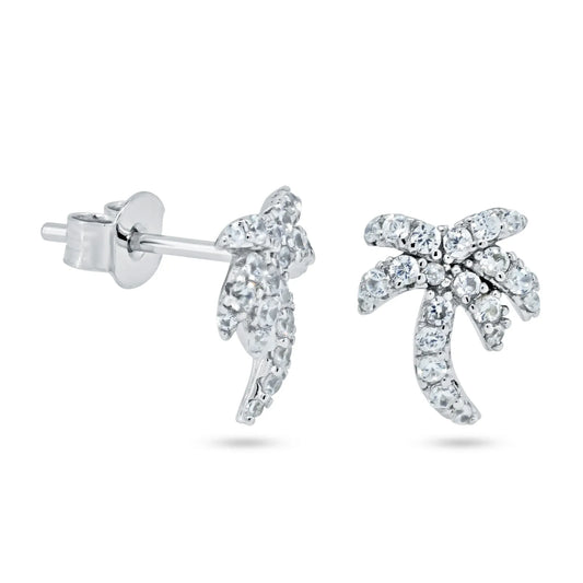 925 Sterling Silver Rhodium Plated Palm Tree CZ Stud Earrings