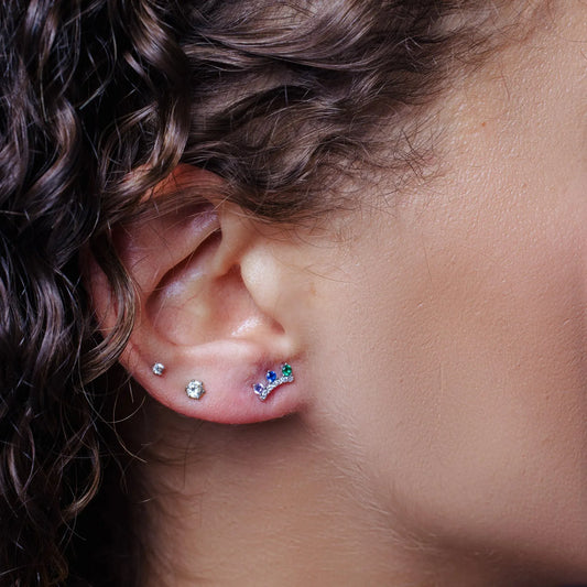 925 Sterling Silver Rhodium Plated Multi Color Crown CZ Stud Earrings