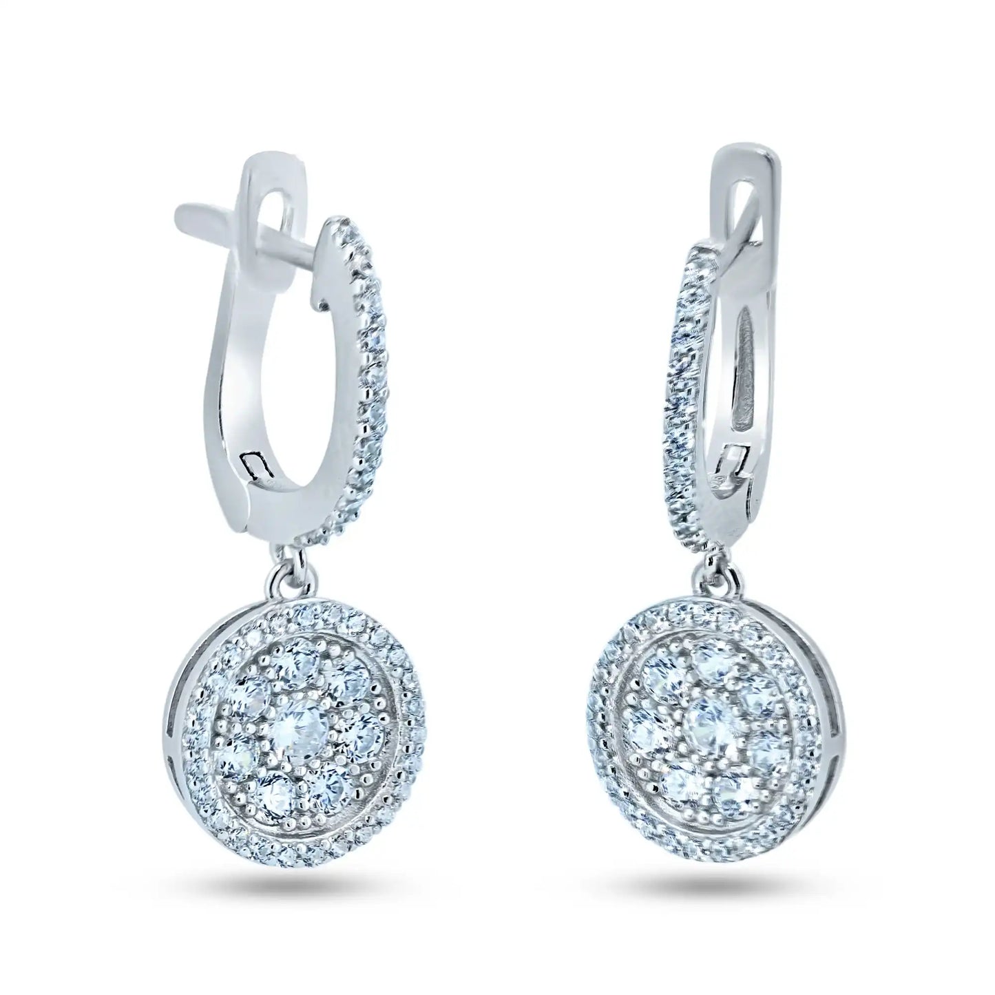 925 Sterling Silver Rhodium Plated Dangling CZ Encrusted Disc Hoop Earrings
