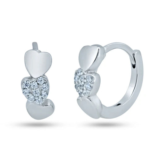 925 Sterling Silver Rhodium Plated Pave Huggie Hearts Hoop Earrings