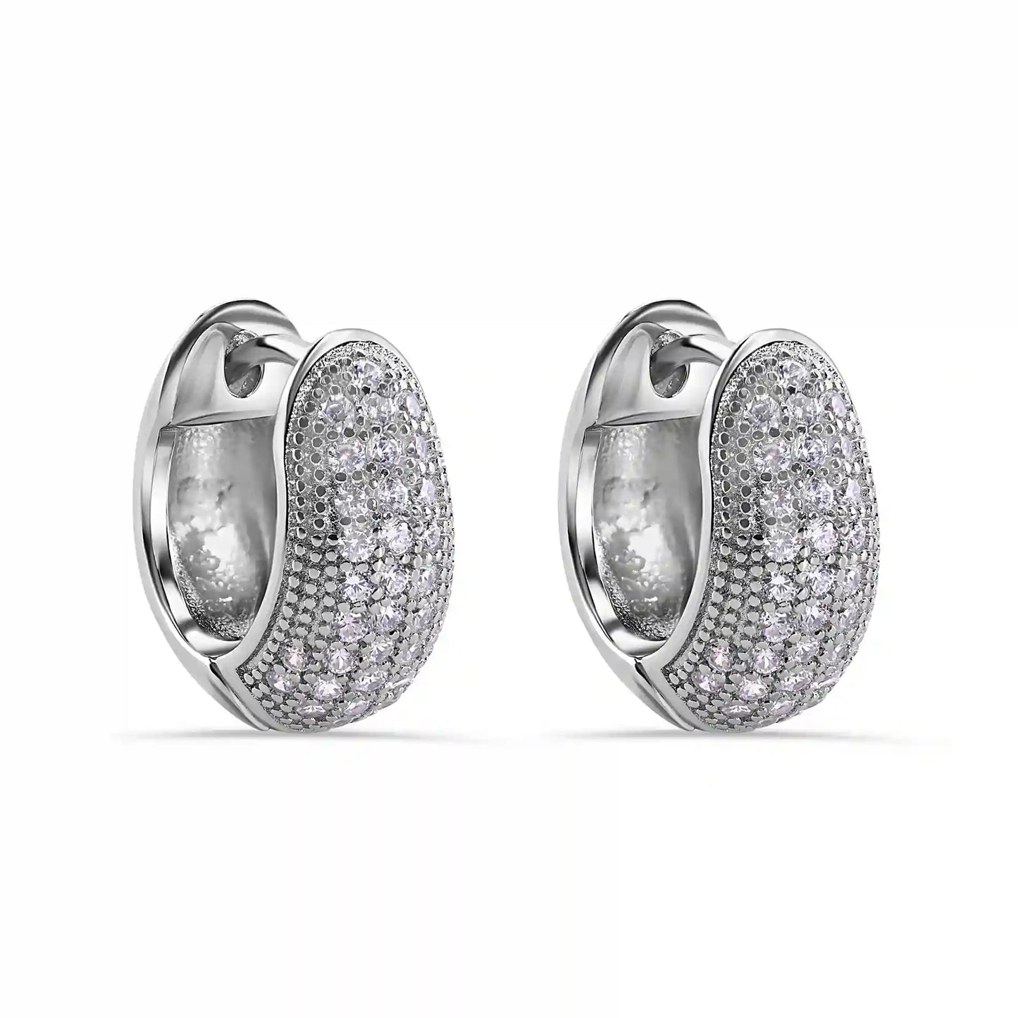 925 Sterling Silver Rhodium Plated Pave Half Clear CZ Studded Hoop Earring