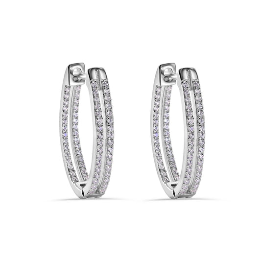 925 Sterling Silver Rhodium Plated Pave Double Clear CZ Hoop Earring