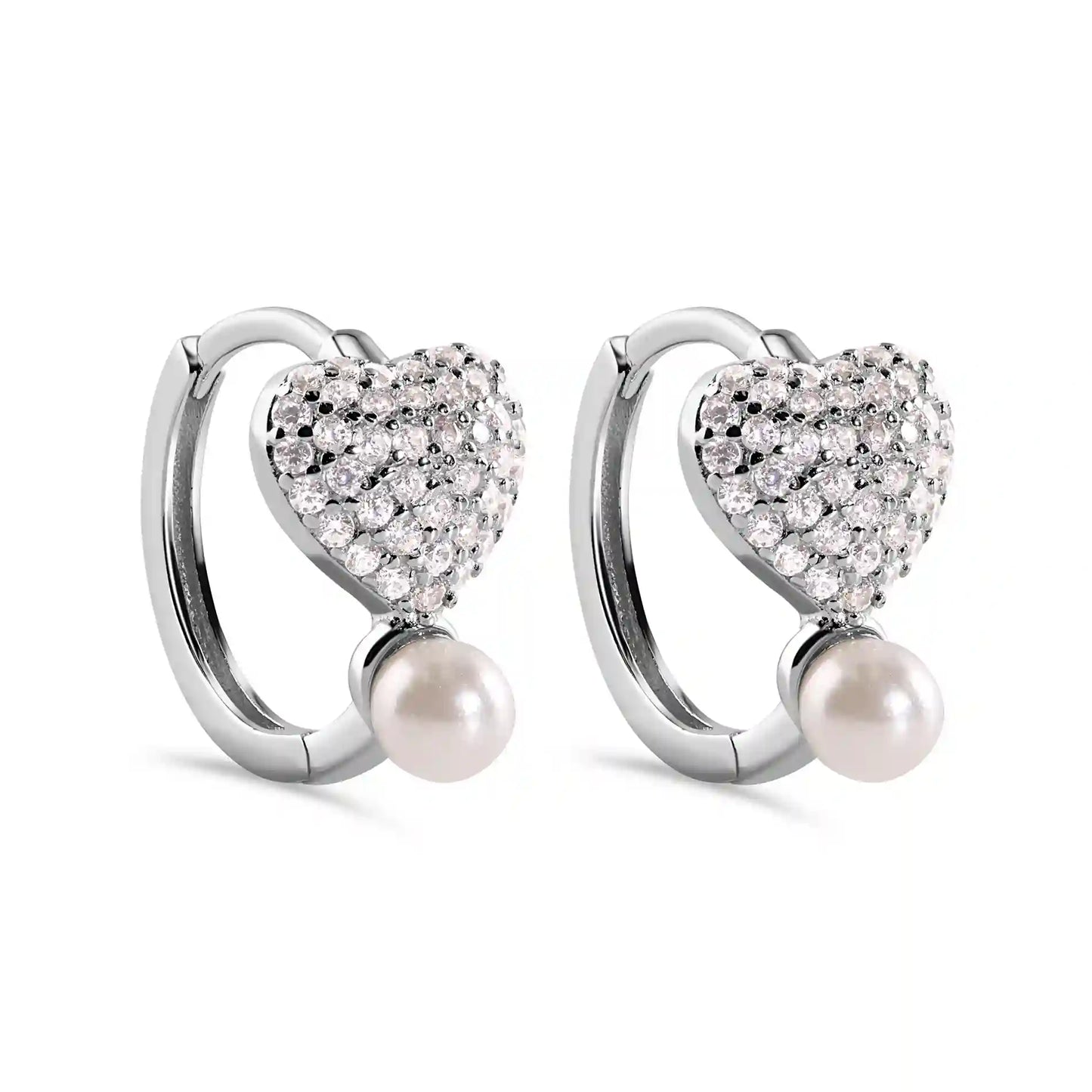925 Sterling Silver Rhodium Plated Heart Clear CZ Studded Syntethic Pearl Hoop Earring