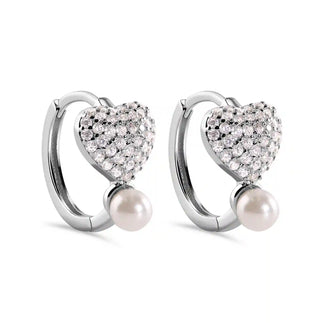 925 Sterling Silver Rhodium Plated Heart Clear CZ Studded Syntethic Pearl Hoop Earring