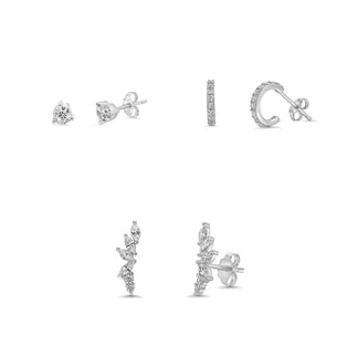 925 Sterling Silver Rhodium Plated Semi Hoop, Marquise and Round CZ Earring Set