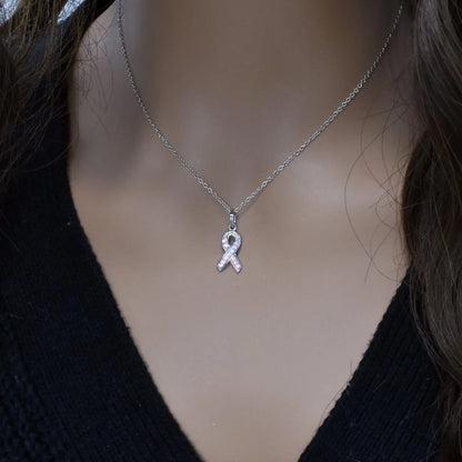 925 Sterling Silver Pink CZ Rhodium Plated Ribbon Pendant Necklace