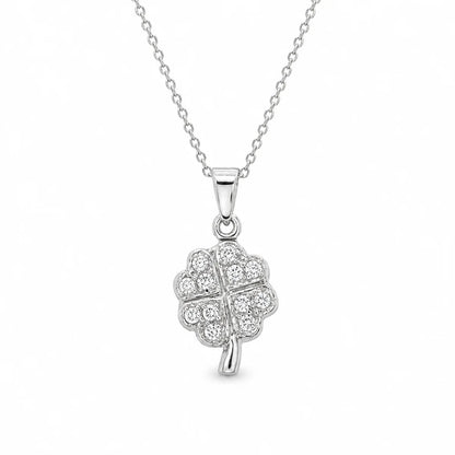 925 Sterling Silver Clearance-Rhodium Plated Double Sided CZ Clover Pendant Necklace