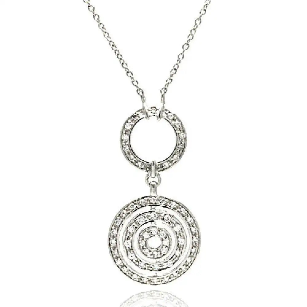 925 Sterling Silver Clearance Clear CZ Rhodium Plated Multi Circle Pendant Necklace