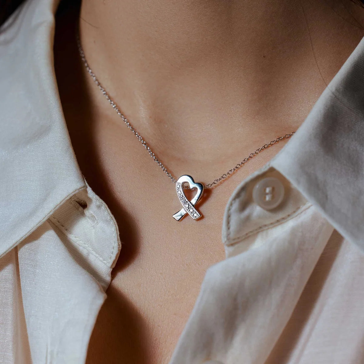 925 Silver Clear CZ Rhodium Plated Pretzel Heart Pendant Necklace
