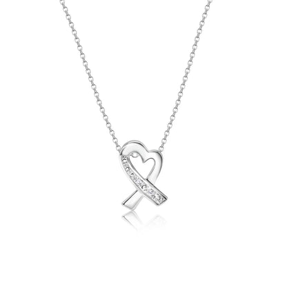 925 Silver Clear CZ Rhodium Plated Pretzel Heart Pendant Necklace