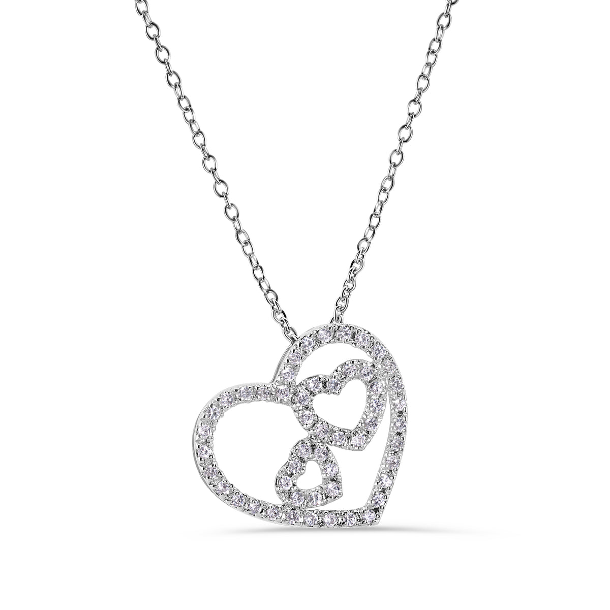 925 Silver Clearance - Rhodium Plated Three Hearts Clear CZ Adjustable Necklace