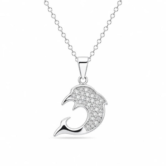 925 Sterling Silver Clearance-Rhodium Plated CZ Dolphin Pendant Necklace