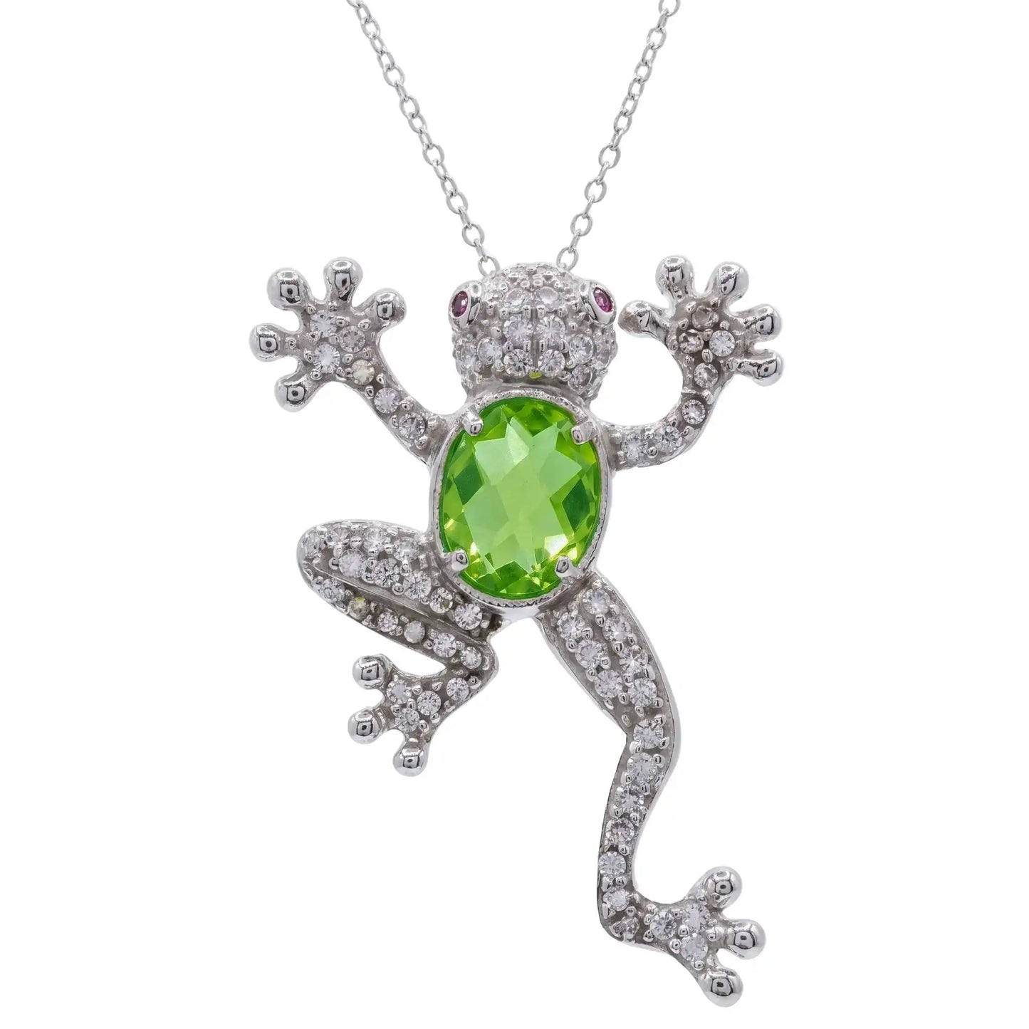 925 Sterling Silver Rhodium Plated Green CZ Frog Pendant Necklace
