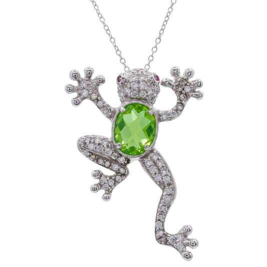 925 Sterling Silver Rhodium Plated Green CZ Frog Pendant Necklace