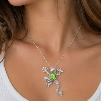 925 Sterling Silver Rhodium Plated Green CZ Frog Pendant Necklace