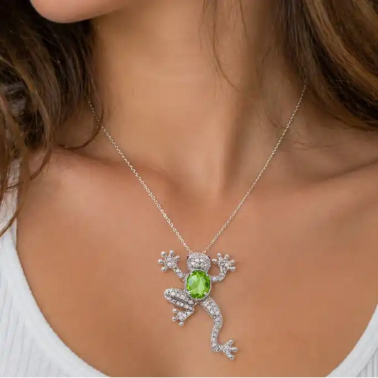 925 Sterling Silver Rhodium Plated Green CZ Frog Pendant Necklace