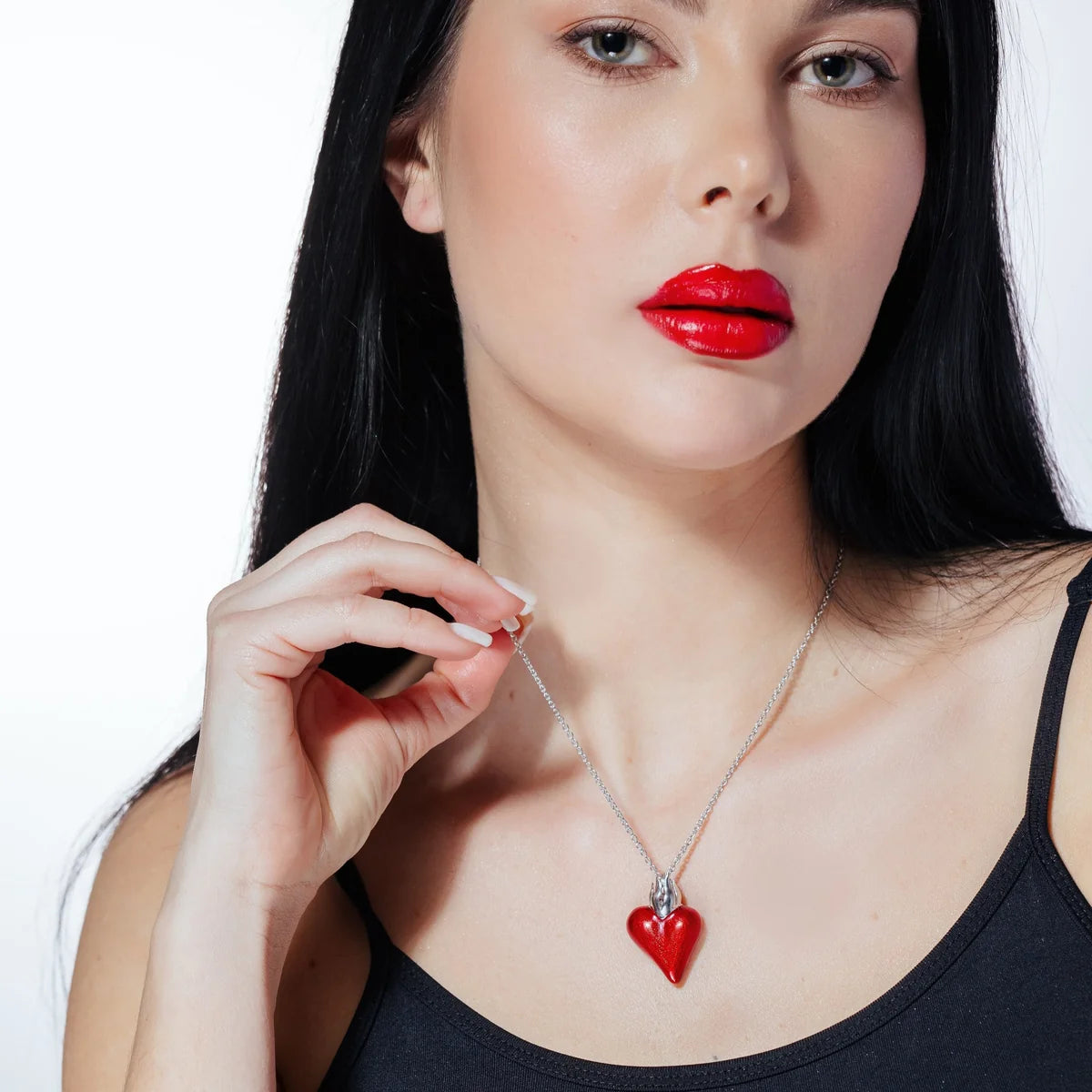 925 Sterling Silver Rhodium Plated Red Enamel Heart Necklace
