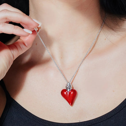 925 Sterling Silver Rhodium Plated Red Enamel Heart Necklace