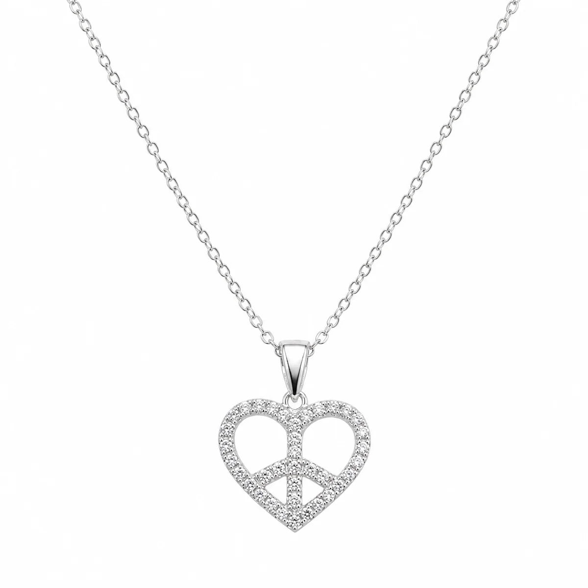 925 Silver Clearance- Rhodium Plated Heart Peace Sign CZ Pendant Necklace