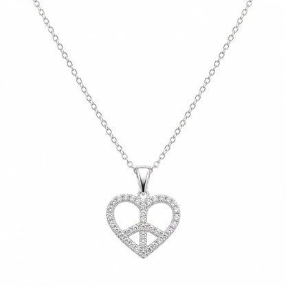 925 Silver Clearance- Rhodium Plated Heart Peace Sign CZ Pendant Necklace