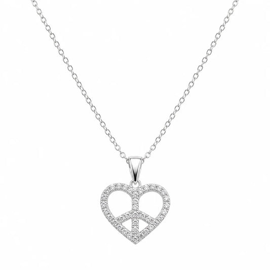 925 Silver Clearance- Rhodium Plated Heart Peace Sign CZ Pendant Necklace