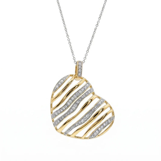 925 Sterling Silver Clearance-Two Tone CZ Waved Heart Pendant Necklace