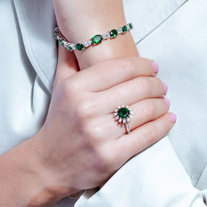 925 Sterling Silver Rhodium Plated Green Center Flower CZ Ring with Rope Band
