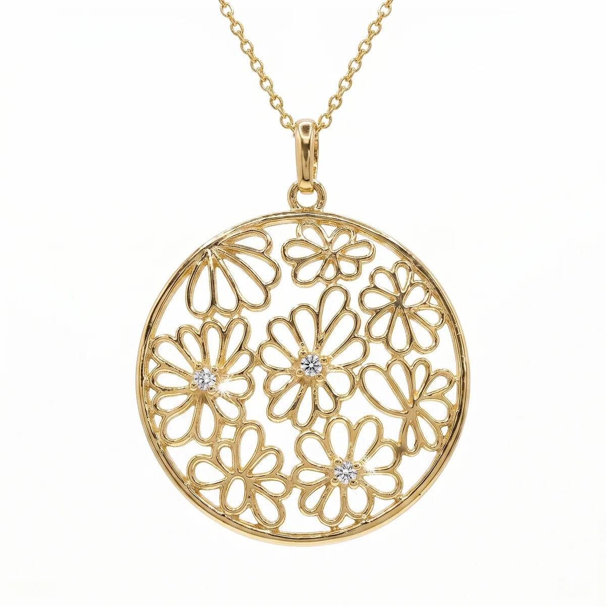 925 Steerling Silver Clearance-Gold Plated CZ Multi Flower Circle Pendant Necklace