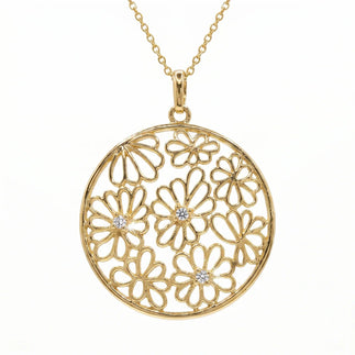 925 Steerling Silver Clearance-Gold Plated CZ Multi Flower Circle Pendant Necklace