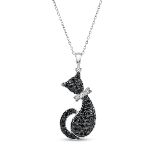 925 Sterling Silver Rhodium Plated Black CZ Cat Pendant Necklace