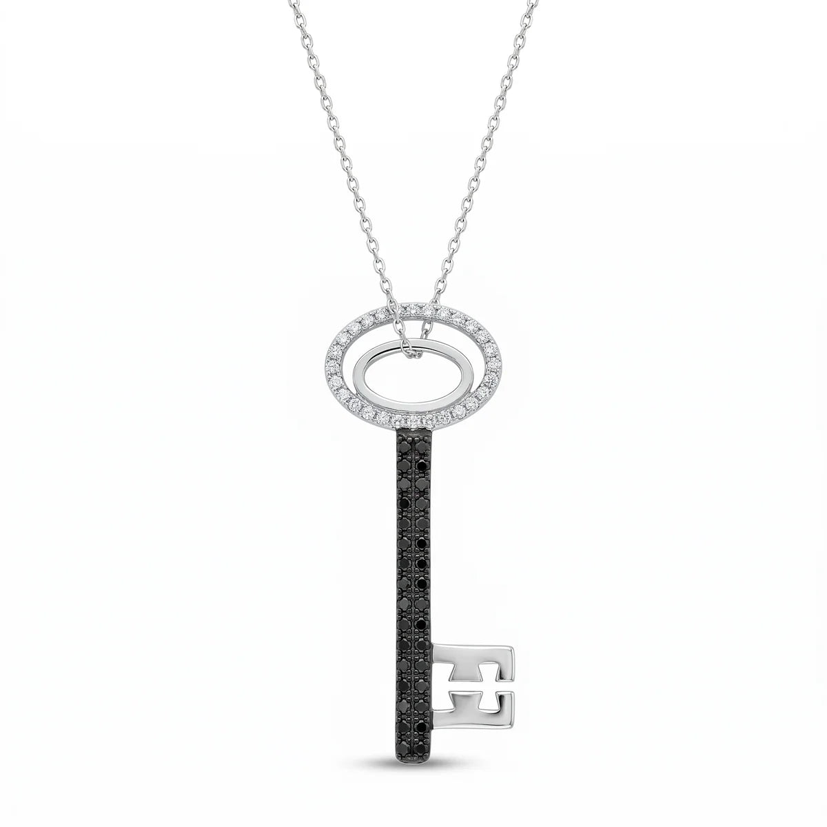 925 Sterling Silver Clearance-Rhodium Plated Large Black CZ Key Pendant Necklace