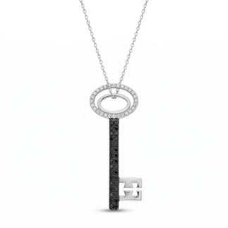 925 Sterling Silver Clearance-Rhodium Plated Large Black CZ Key Pendant Necklace