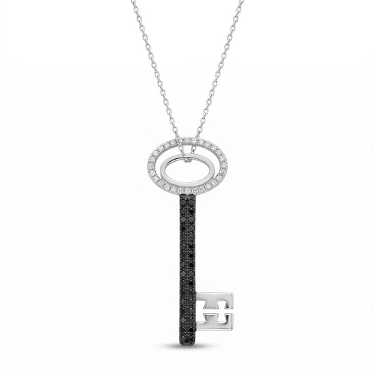 925 Sterling Silver Clearance-Rhodium Plated Large Black CZ Key Pendant Necklace