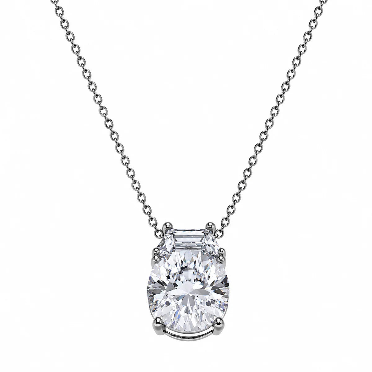 925 Silver Rhodium Plated Clear CZ Baguette & Round Pendant Necklace