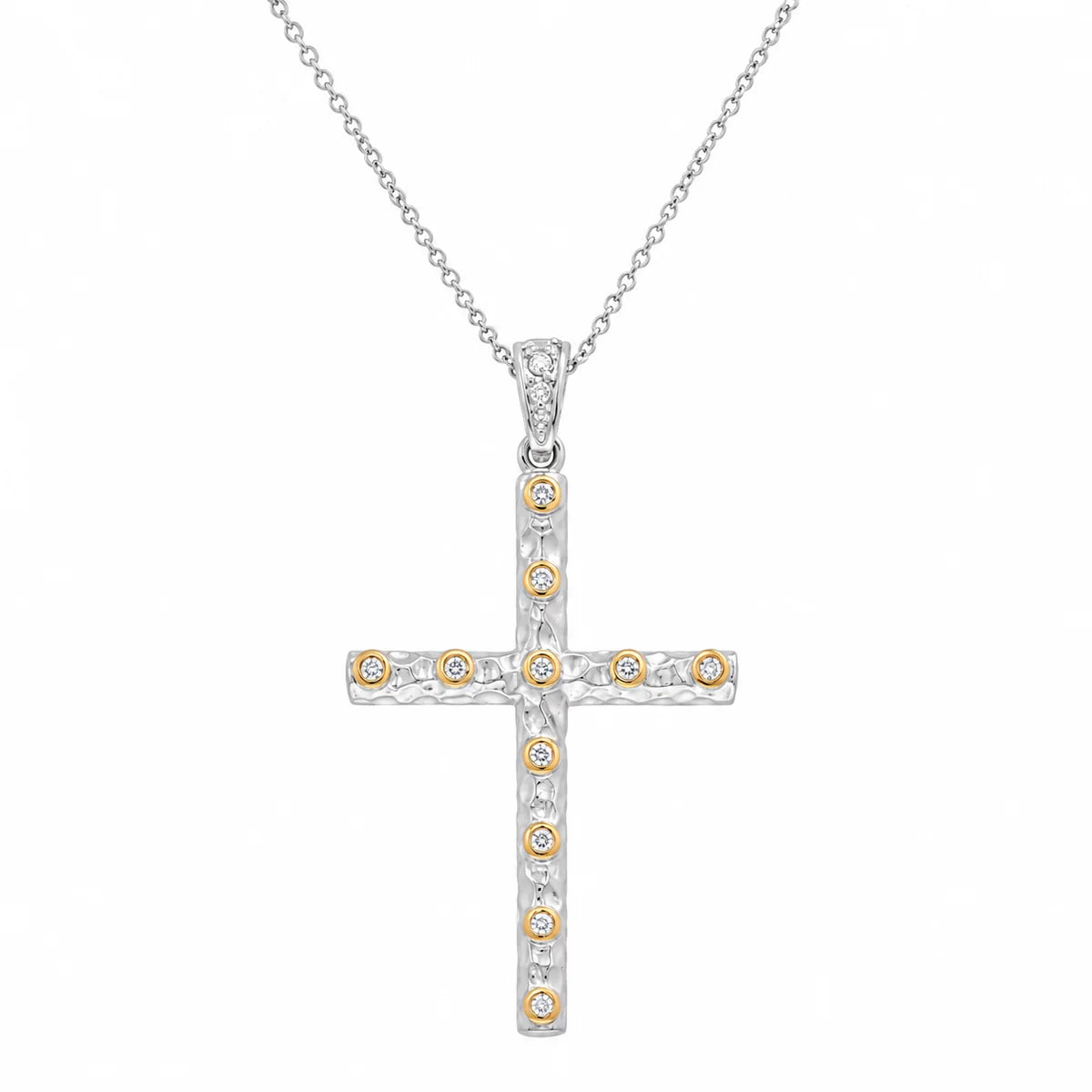 925 Silver Clearance-Rhodium Plated Brushed Hammered CZ Accent Cross Pendant Necklace