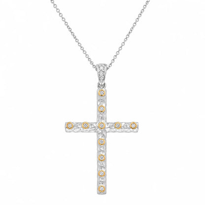 925 Silver Clearance-Rhodium Plated Brushed Hammered CZ Accent Cross Pendant Necklace