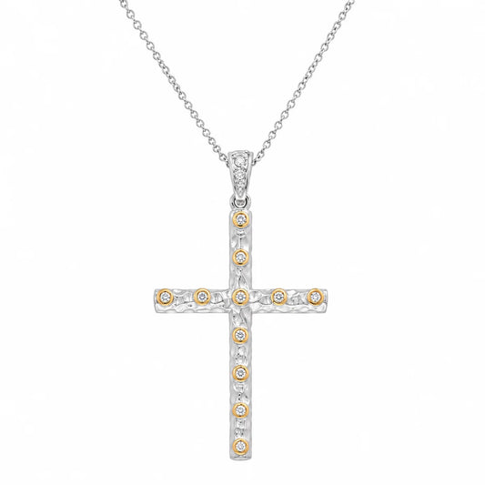 925 Silver Clearance-Rhodium Plated Brushed Hammered CZ Accent Cross Pendant Necklace