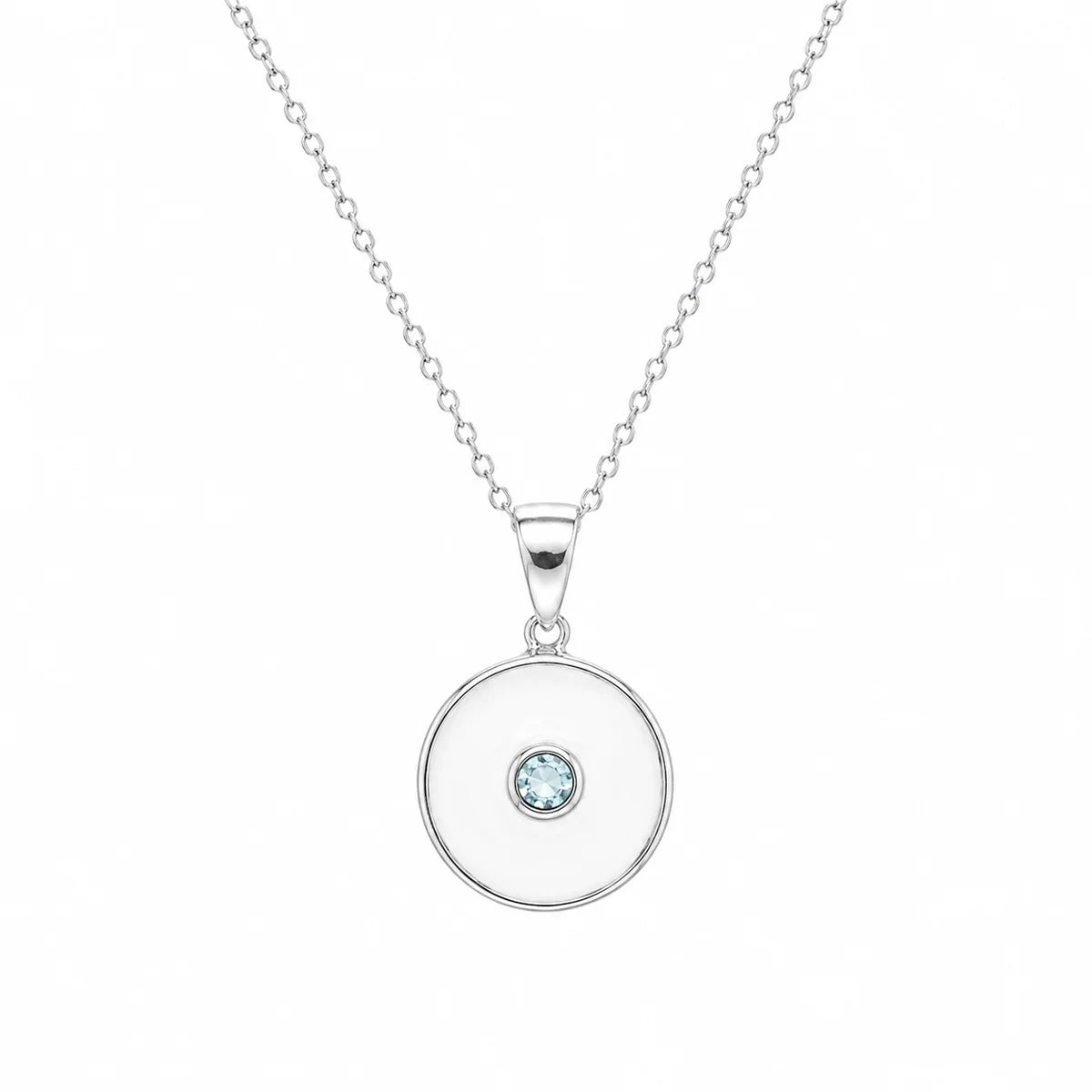 925 Silver Rhodium Plated Blue CZ & White Enamel Evil Eye Pendant Necklace