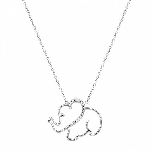 925 Sterling Silver Rhodium Plated Natural Diamond Elephant Pendant Necklace